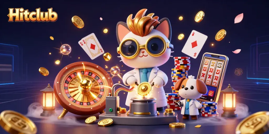 Hitclub cat scientist creating a gold-coin machine with immersive gaming elements in an illuminated lab.