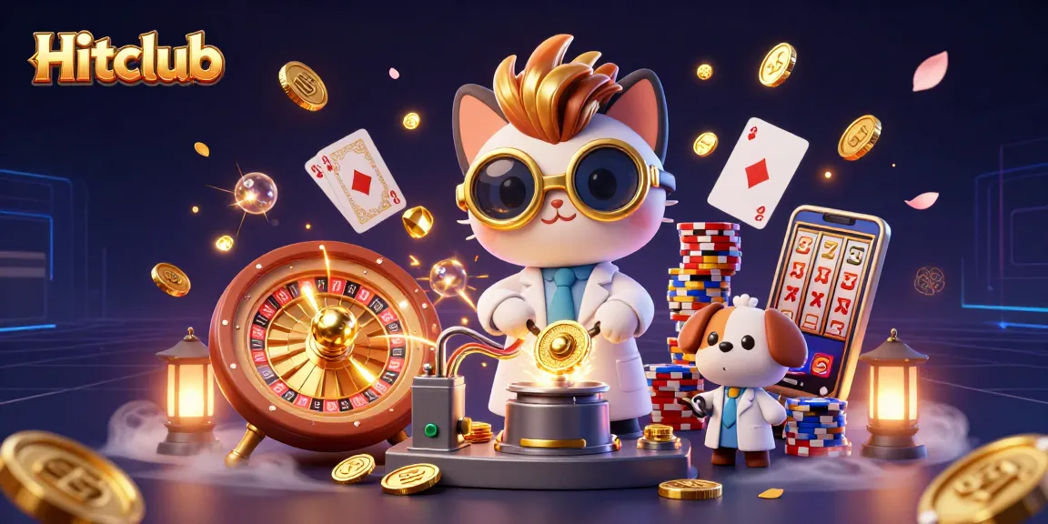 Hitclub cat scientist creating a gold-coin machine with immersive gaming elements in an illuminated lab.