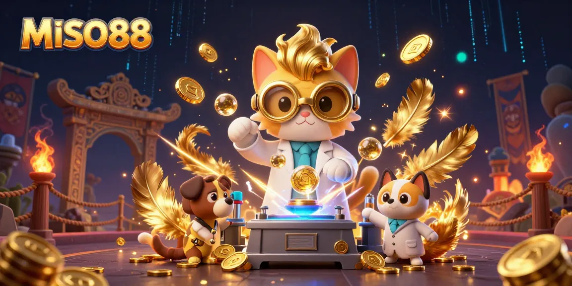 MISO88 casino illustration with a mad scientist cat and assistant creating gold coins amidst dynamic gaming elements.