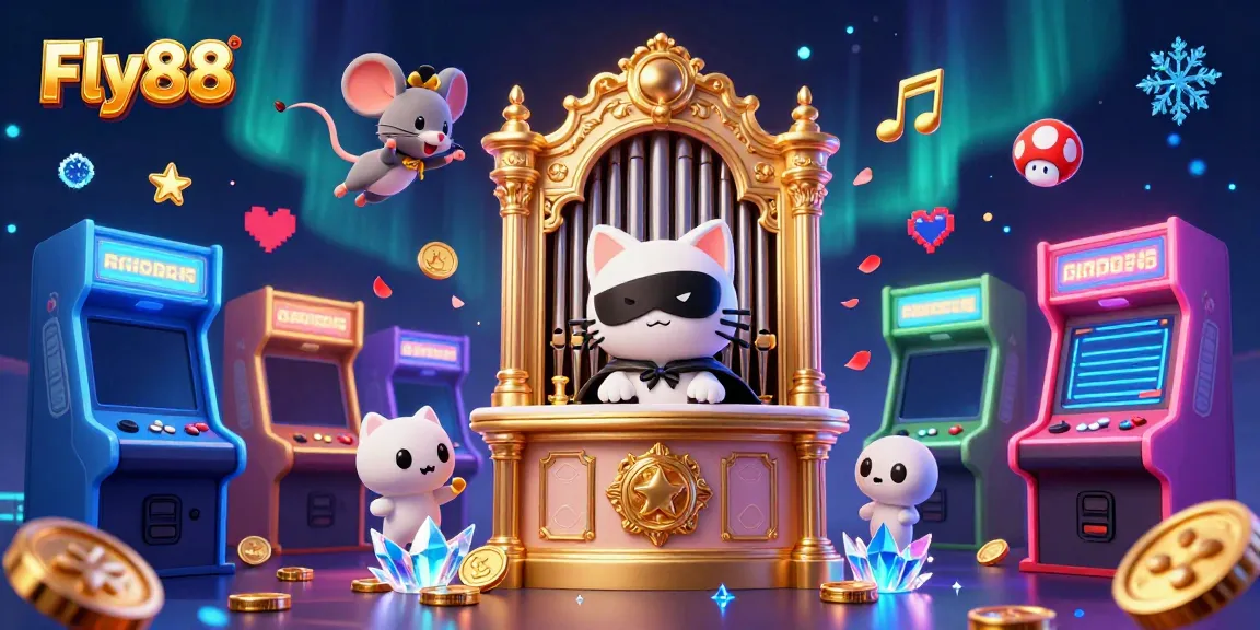 Engage with Fly88's thrilling casino world featuring a charming phantom cat at the organ amidst vibrant gaming elements.