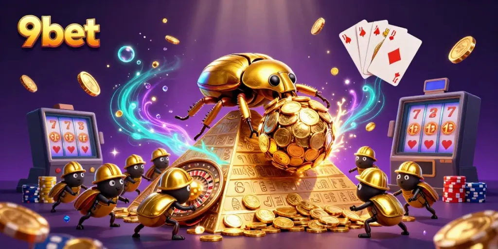 Experience thrilling gameplay with 9bet's vibrant casino illustration featuring golden riches and lively elements