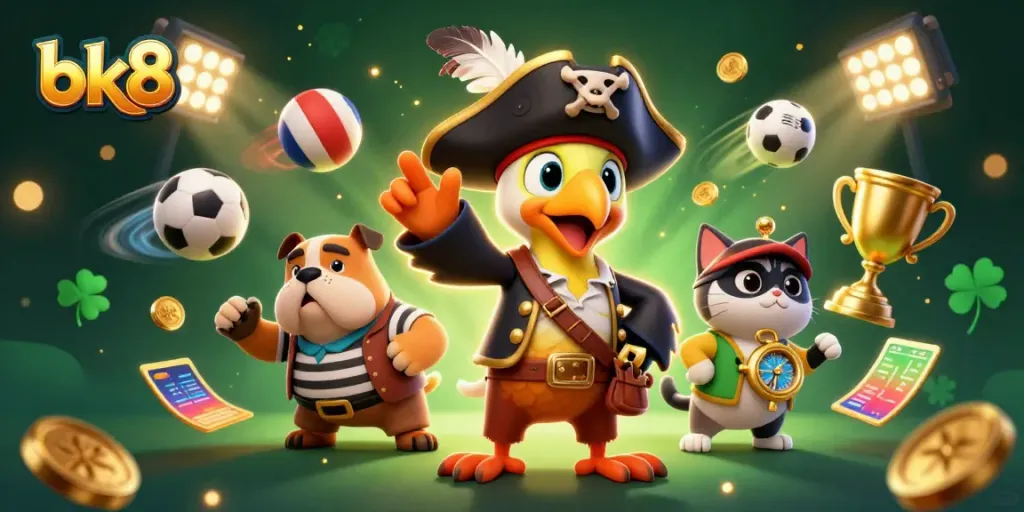 Join the fun with bk8 in this vibrant 3D illustration, featuring dynamic sports elements and lively characters.