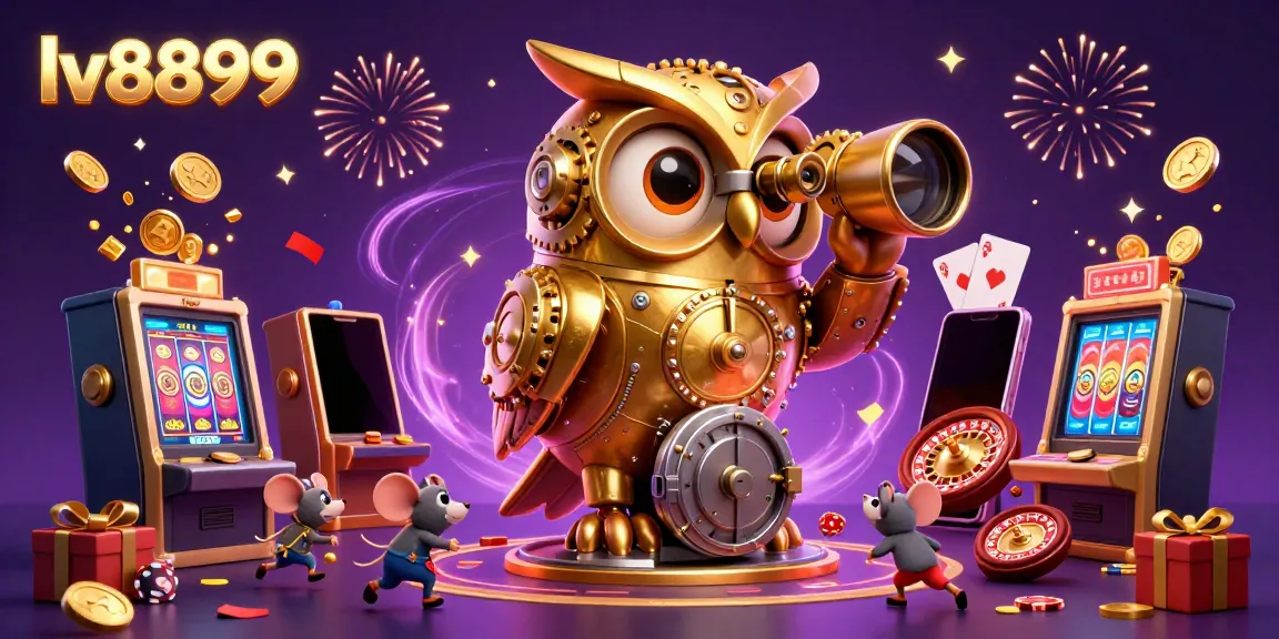 Experience the thrill of the lv8899 casino with a vibrant 3D owl, lively slot machines, and festive elements.
