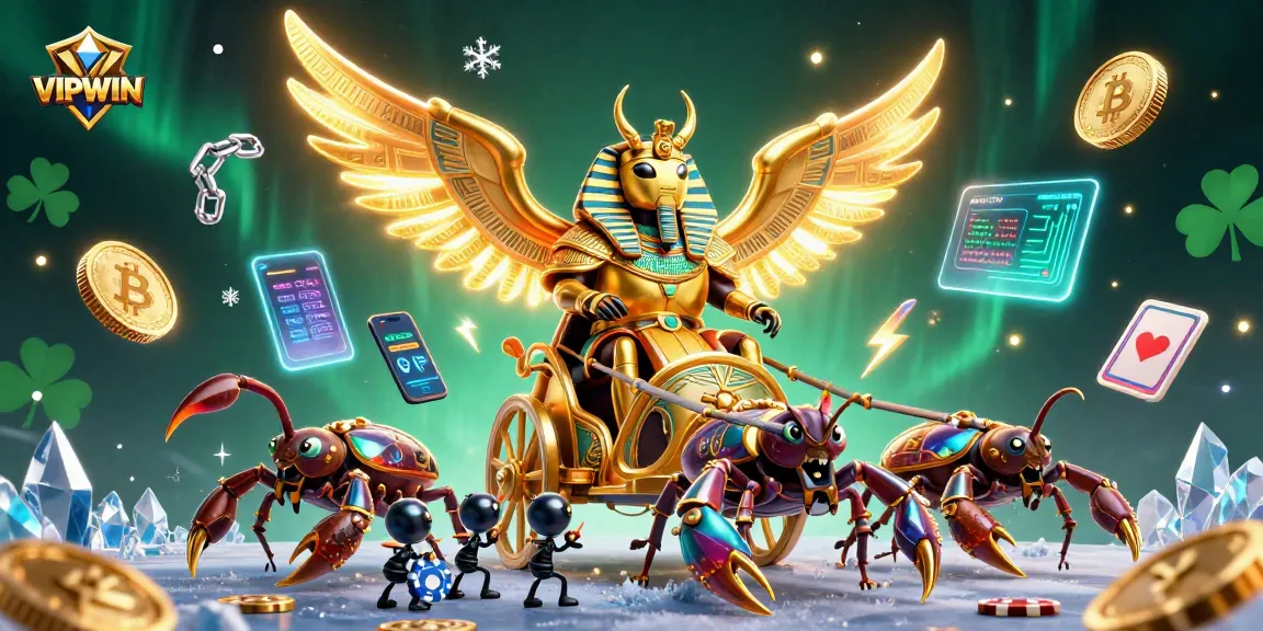 Engage with VIPWIN's gaming excitement, featuring a 3D cartoon illustration of a golden scarab beetle in a vibrant casino scene.