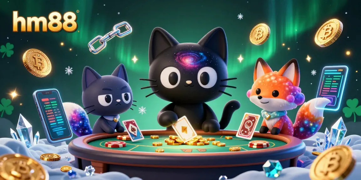 Experience hm88's cosmic casino with a captivating black hole cat drawing in golden chips and cards.