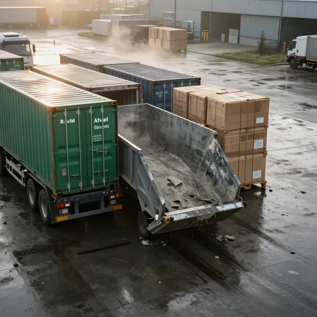 Nat industrieel terrein met containers, open skip, kartonbalen en inzameltruck in regenmist.
