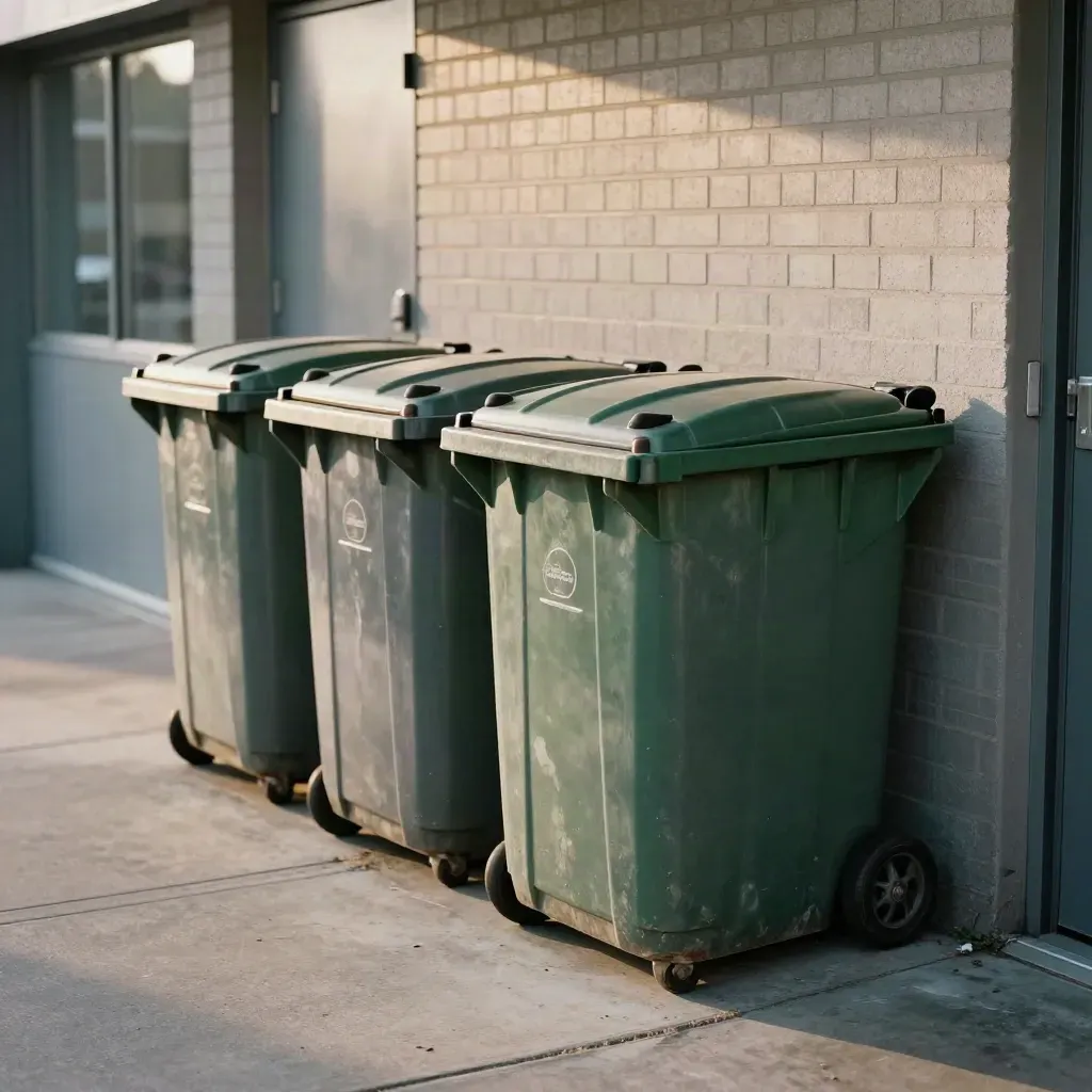 Twee gesloten afvalcontainers bij een kantoorentree op een rustige laadstrook