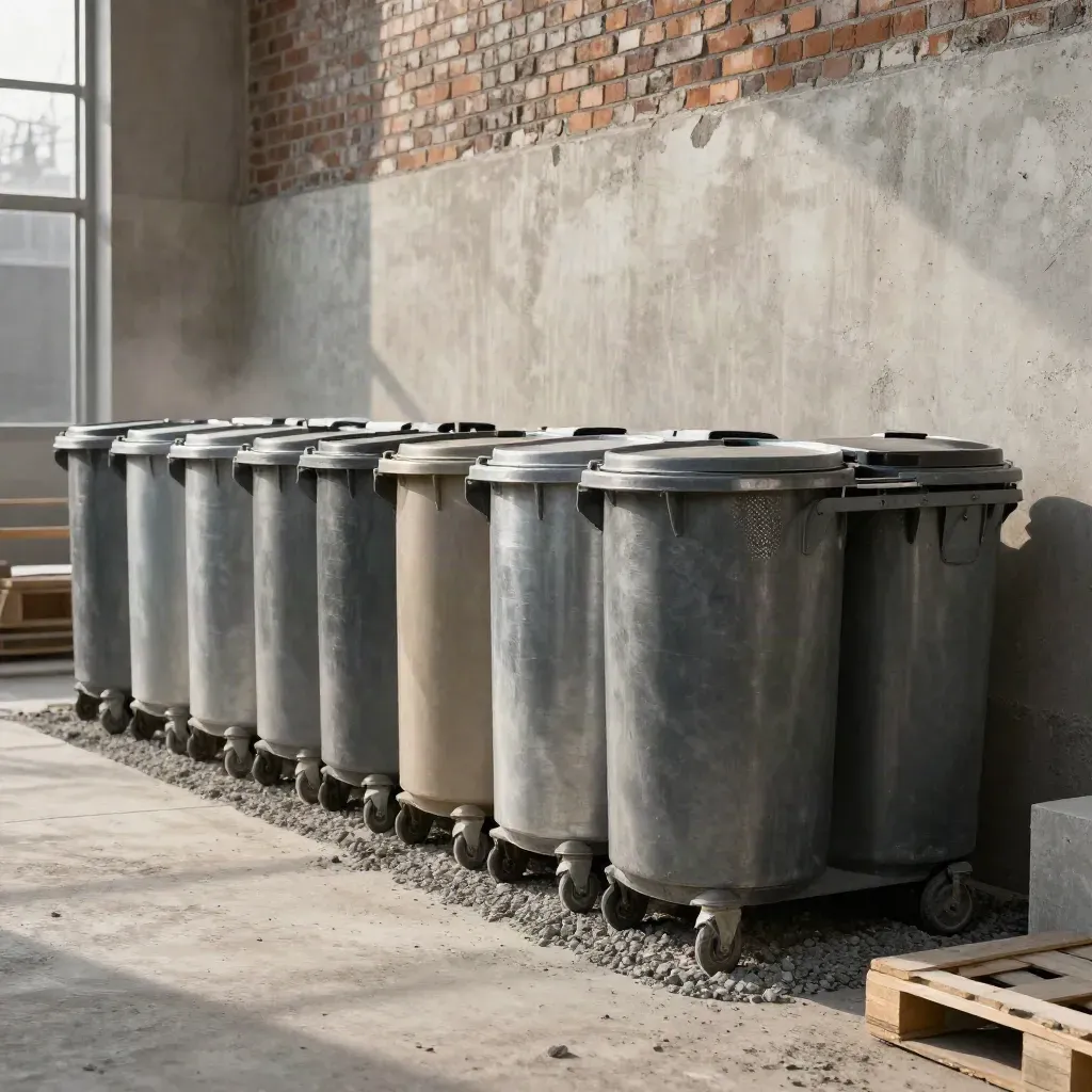 Rij gehuurde rolcontainers bij een bouwplaats met baksteen, beton en stof