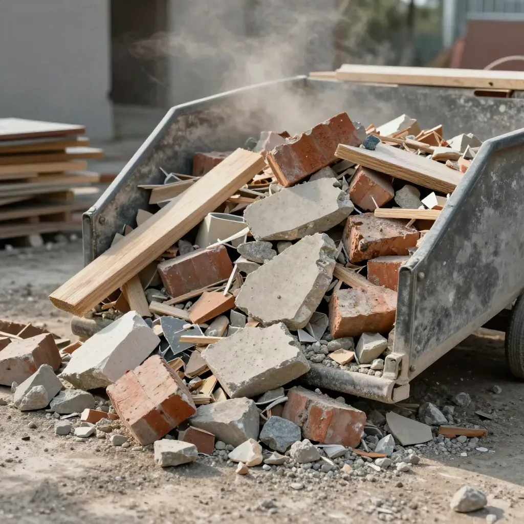 Open puinbak vol baksteen, hout en beton op renovatieterrein in warm daglicht.