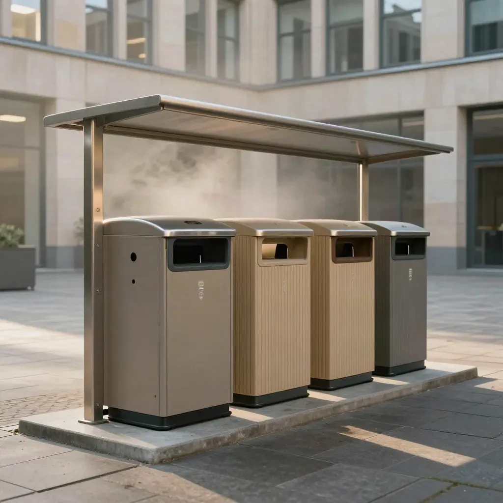 Drie nette afvalstations onder een luifel op een stille binnenplaats van een kantoorpand in Utrecht.