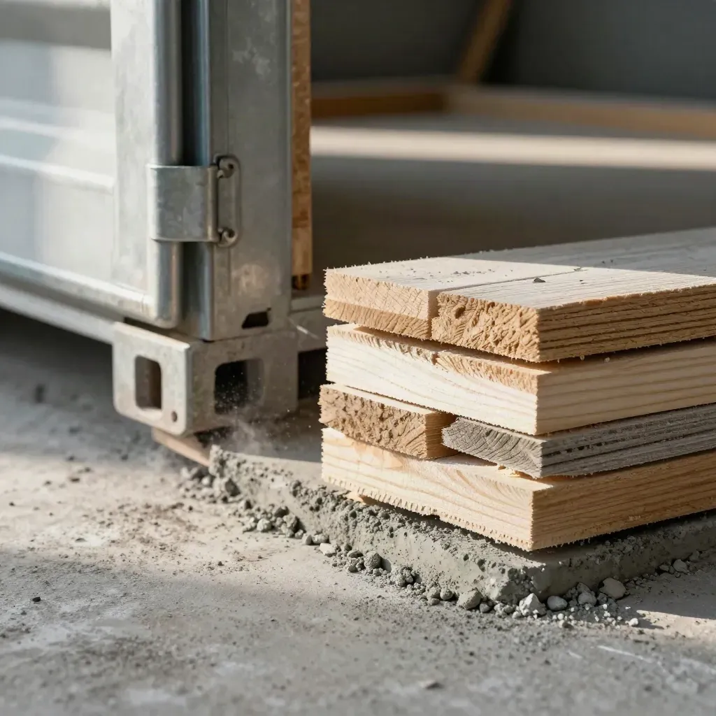 Gesloten puincontainer met gestapelde latten en schone betonstrook op een renovatieplaats.
