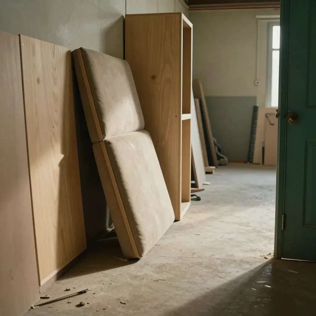Lege opslaghoek na het afvoeren van bank en kast, met schoon pad en stofdeeltjes.