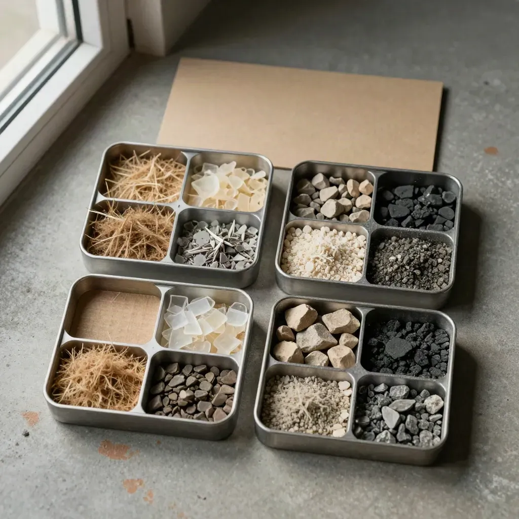 Vier metalen bakjes met afvalmonsters in vakken op beton, van boven gefotografeerd.