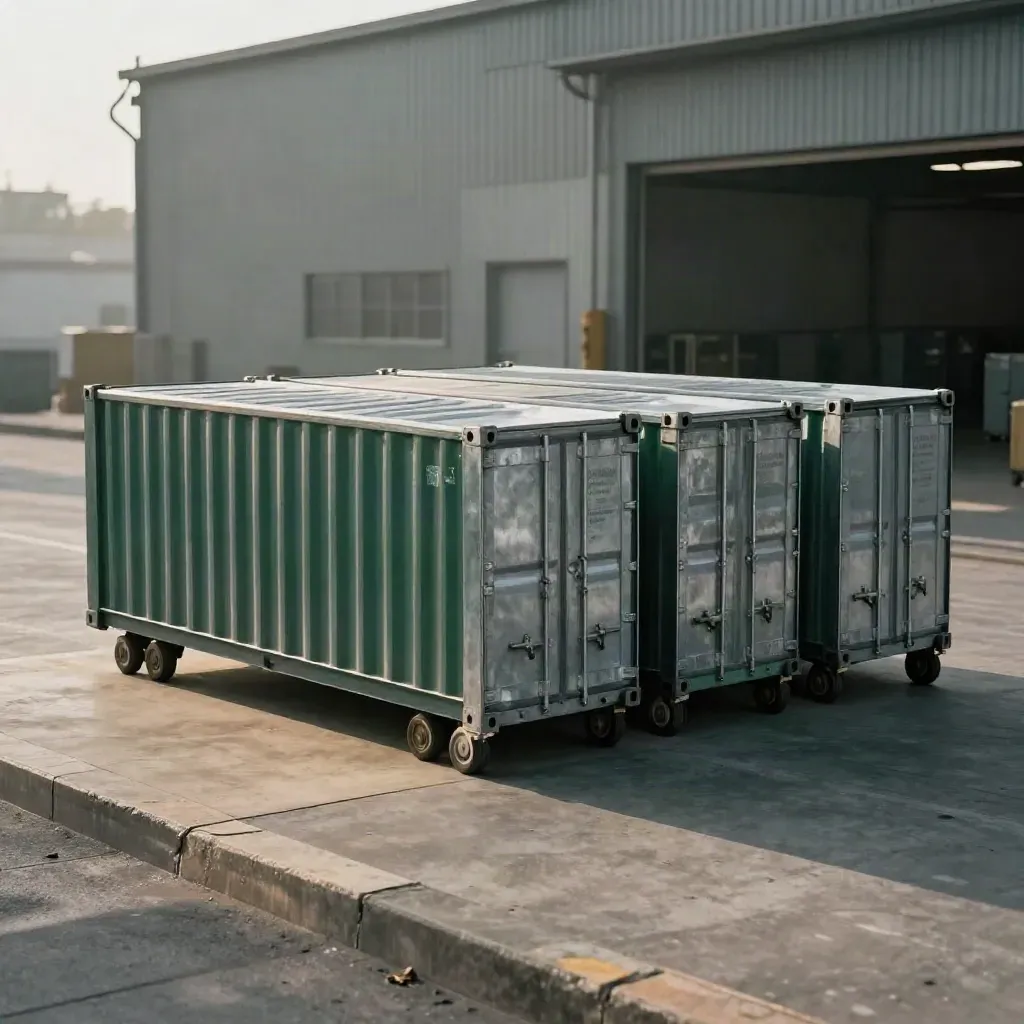 Drie gesloten rolcontainers op een laadstrook in koele ochtendlucht.