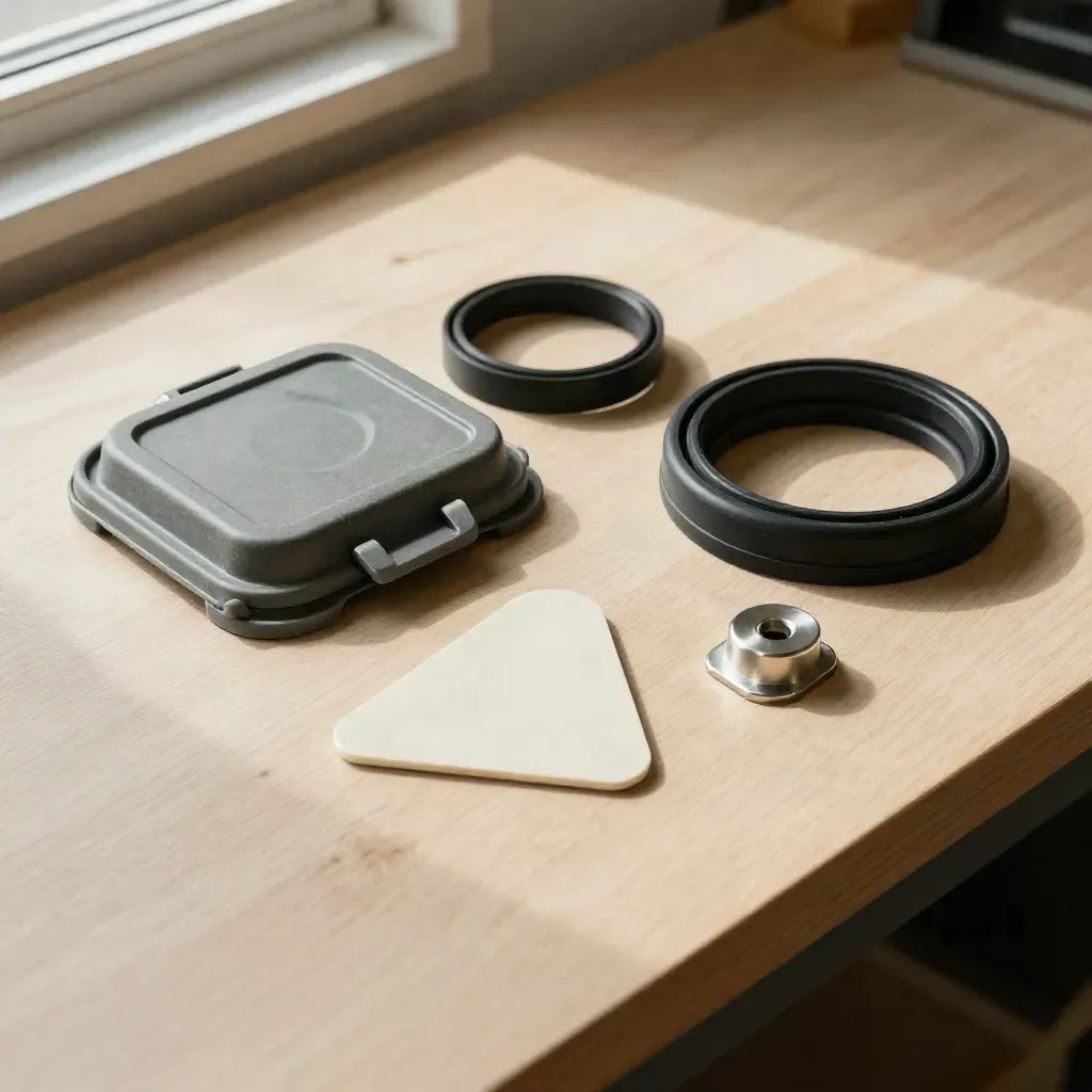 Bovenaanzicht van containerdeksels, rubberringen en RFID-tag op licht hout