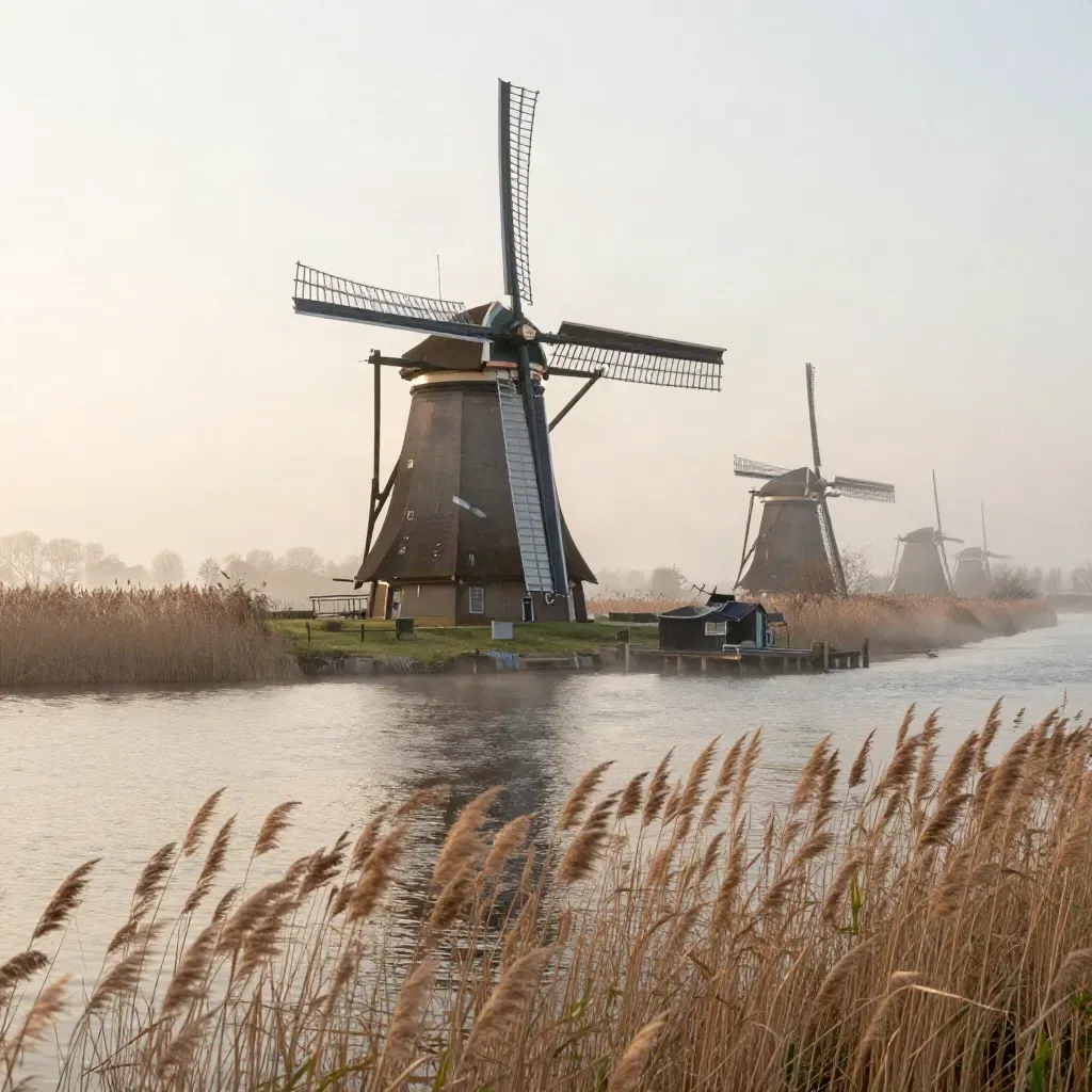 Zaanse molens in ochtendmist boven water en rietvelden, rustig en sfeervol.