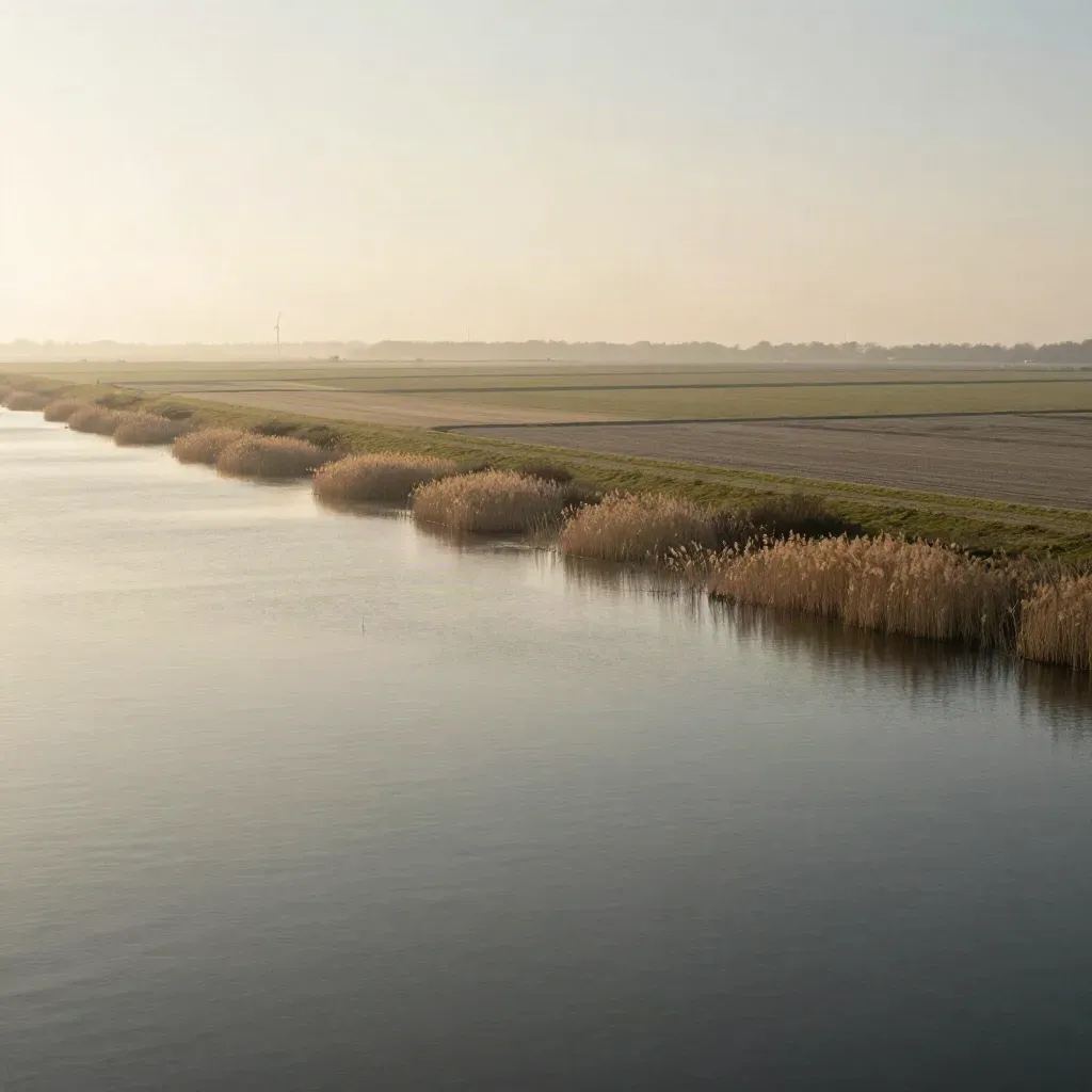 Dijklijn van het Eemmeer met polder, riet en verre windturbines in zachte haze.