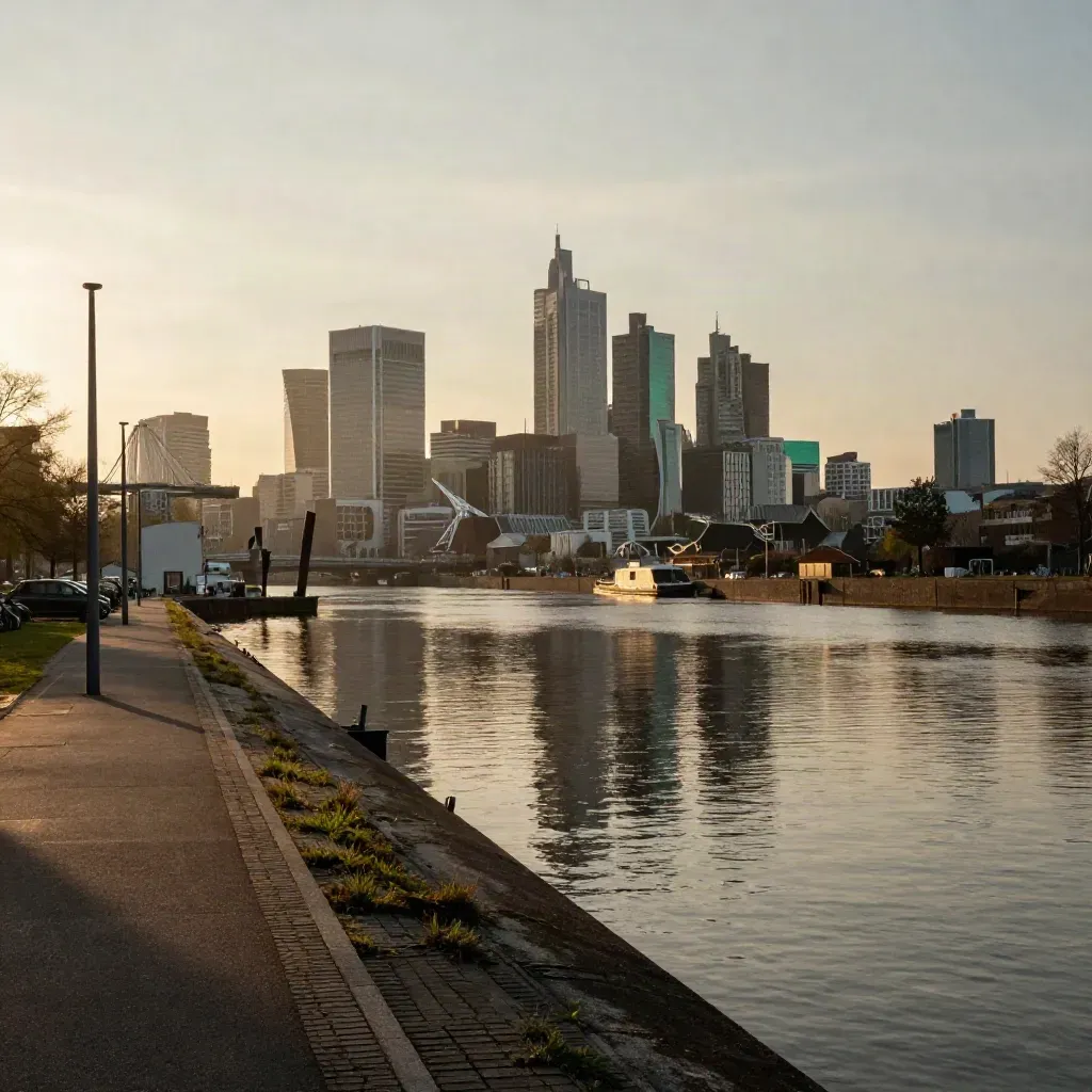 Rotterdam skyline in gouden avondlicht gespiegeld in een rustige rivierbocht met havenkranen