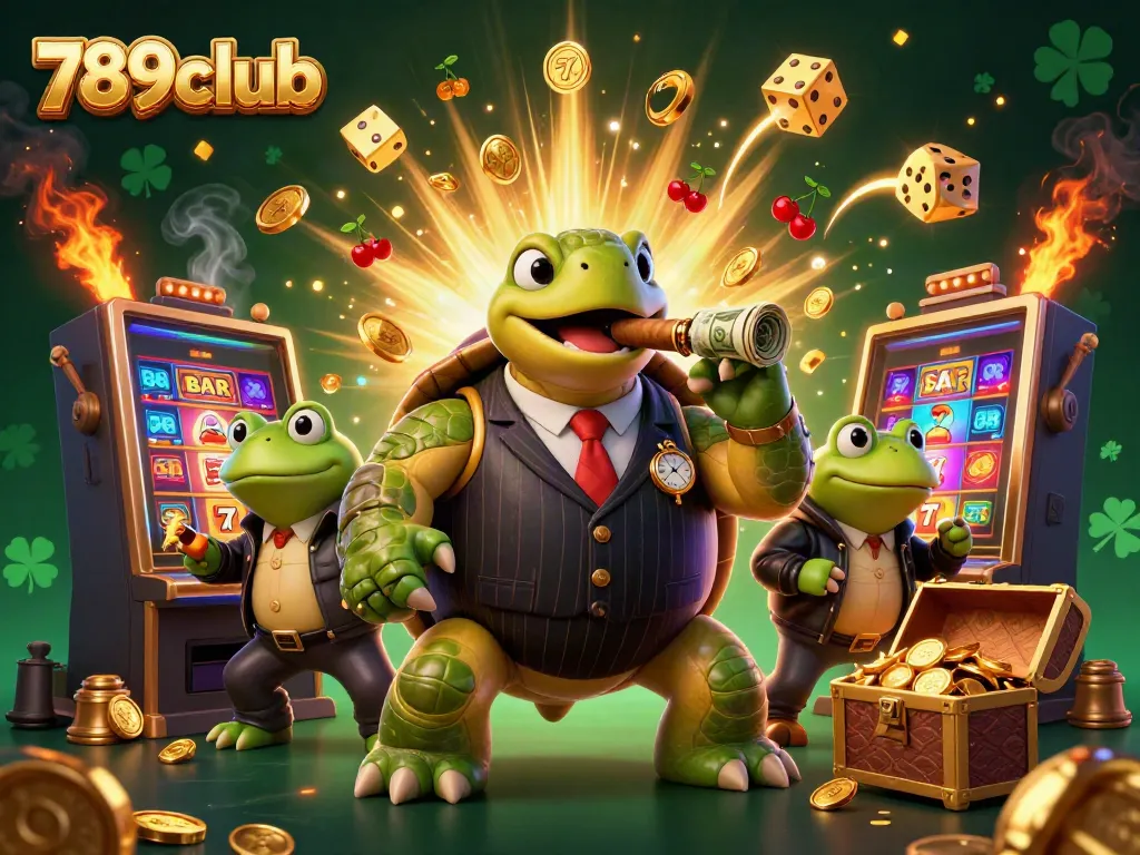 Experience the excitement of 789club with a cartoon turtle mobster surrounded by casino elements.