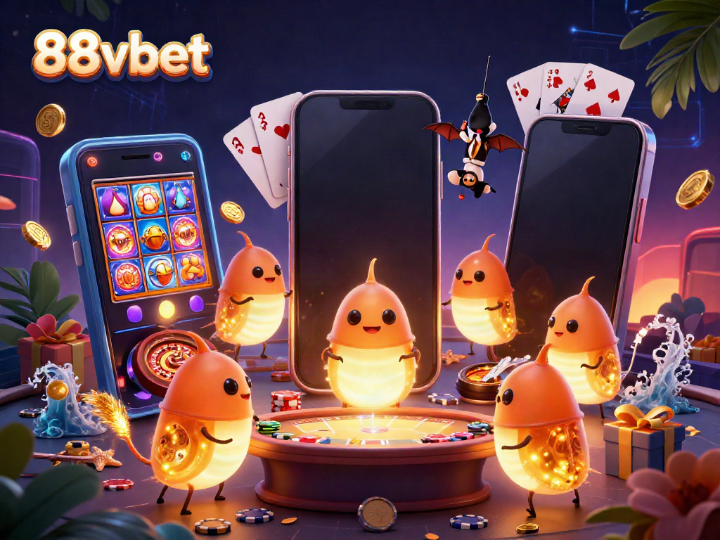 Experience thrilling gaming at 88vbet with vibrant casino elements and glowworm characters.