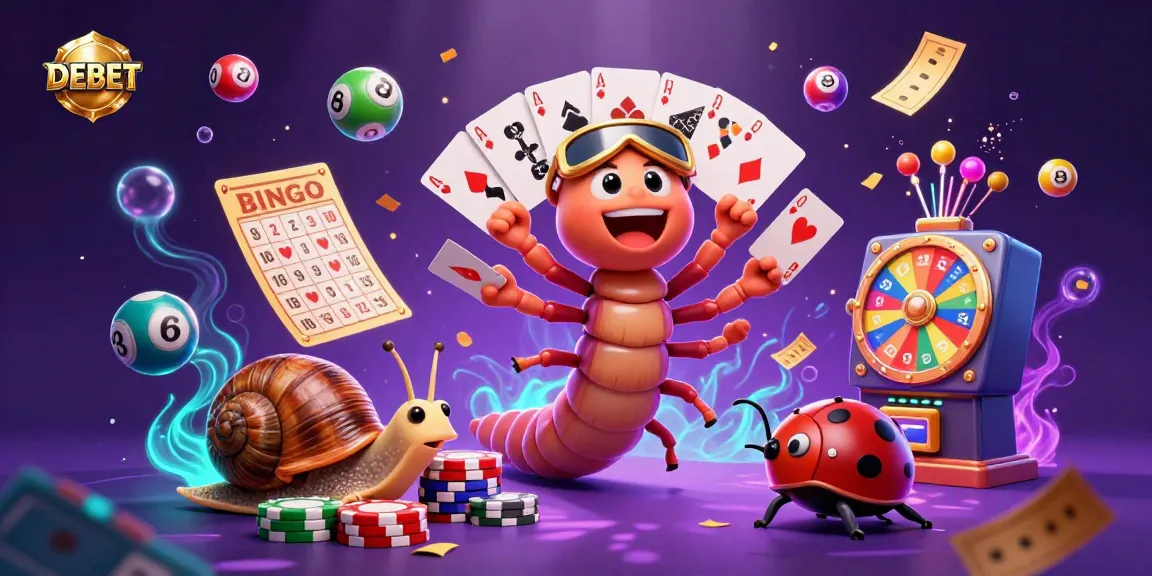 Engage with DEBET's vibrant 3D cartoon casino scene featuring a millipede dealer and high-roller snail.