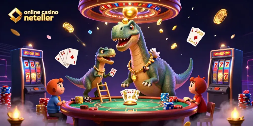 Engaging scene of online casino neteller, with a brontosaurus and raptor characters amid vibrant gambling elements.