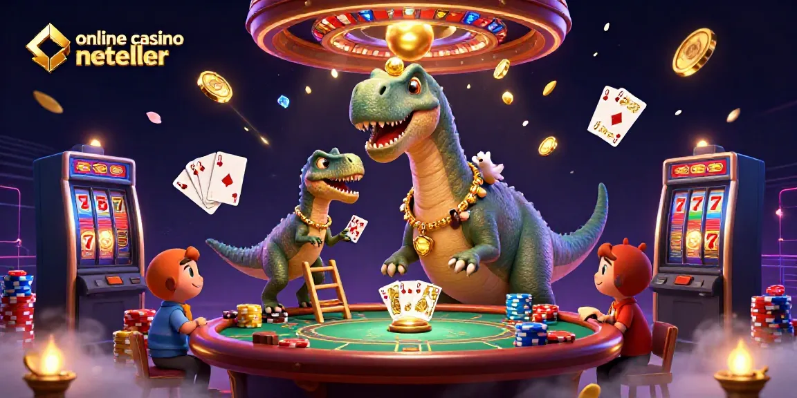 Engaging scene of online casino neteller, with a brontosaurus and raptor characters amid vibrant gambling elements.