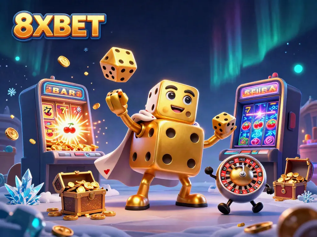 Engage with 8XBET's dynamic gaming world featuring vivid illustrations of jackpot celebrations and vibrant casino elements.