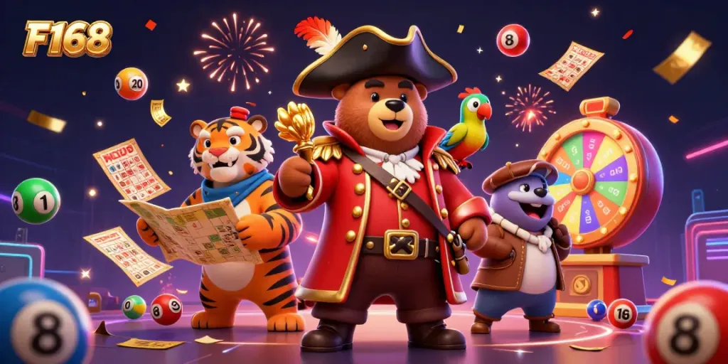 Experience F168 excitement with a pirate bear, tiger, and golden parrot amidst vibrant casino games.