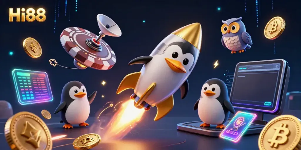 Experience Hi88 with a golden penguin and vibrant cryptocurrencies in this dynamic casino-themed illustration.