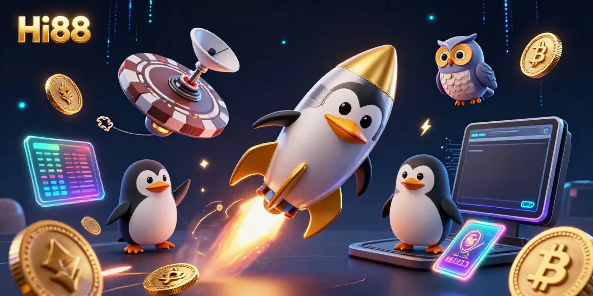 Experience Hi88 with a golden penguin and vibrant cryptocurrencies in this dynamic casino-themed illustration.