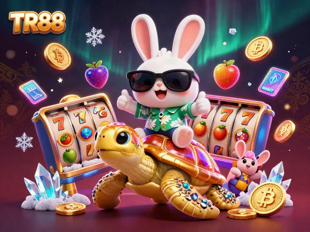 Engage in TR88 online slots with a lucky rabbit and a golden turtle in a vibrant casino scene.