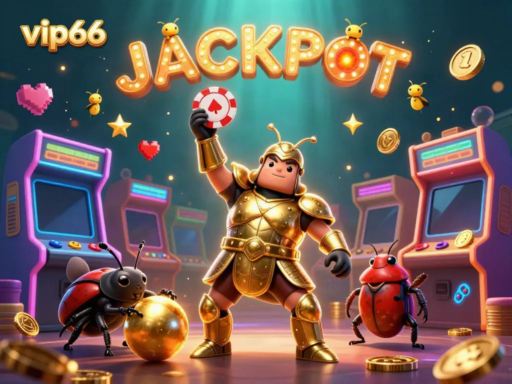 Experience the excitement of vip66 with 3D characters celebrating a jackpot in a vibrant casino setting.
