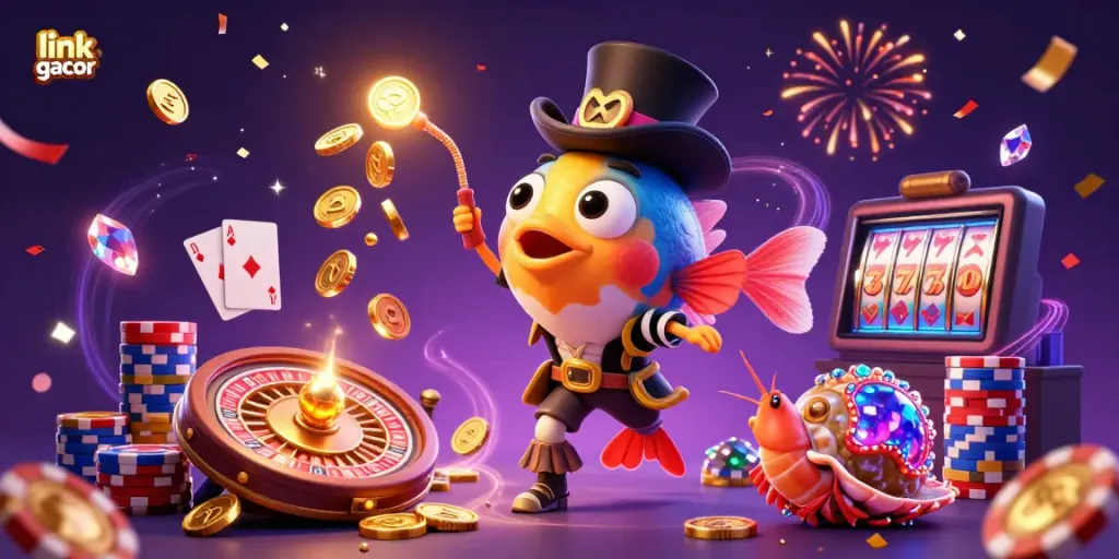 Experience winning thrills with link gacor, featuring a colorful casino scene with treasures and games.