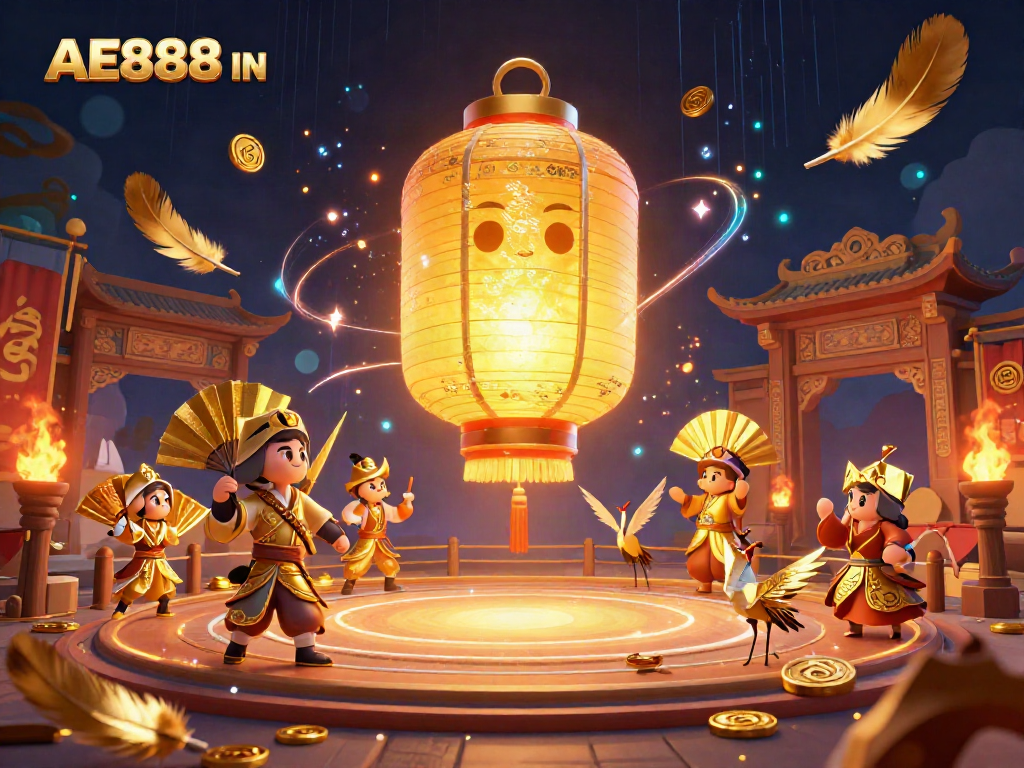 Engage with the AE888 IN spirit, amidst a vibrant casino, golden tokens, and lucky symbols.