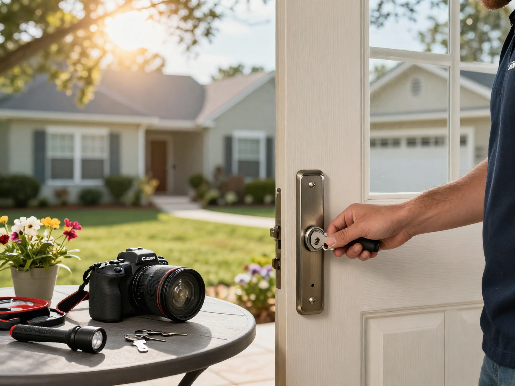 Rekey locks Port St. Lucie with a professional locksmith demonstrating the rekeying process at a home.
