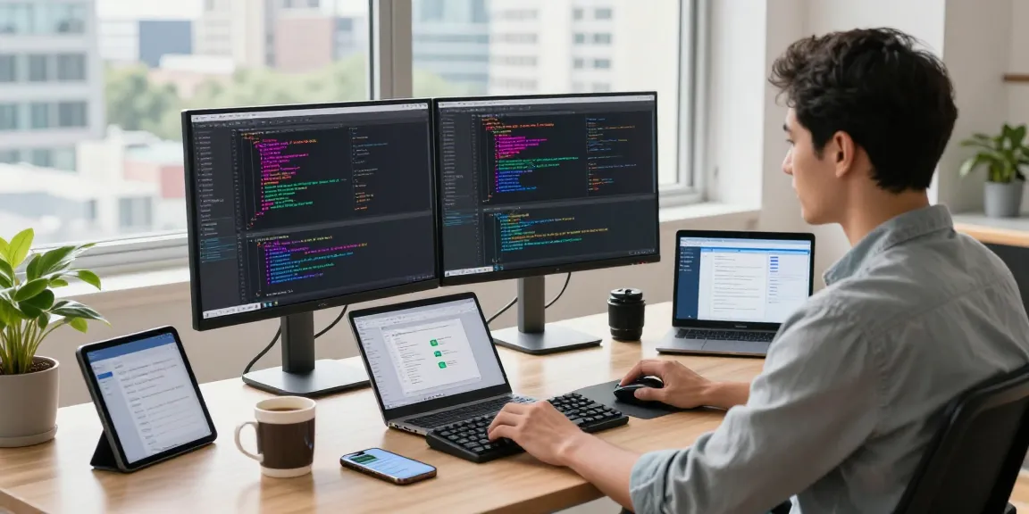 Download WPS Office in a bustling tech workspace with a professional developer focused on coding.