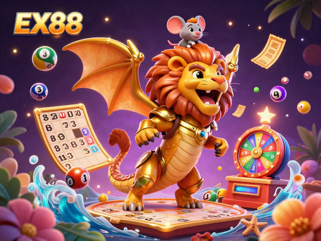 Experience winning thrills with EX88 in a vibrant casino-themed illustration featuring dynamic game elements.