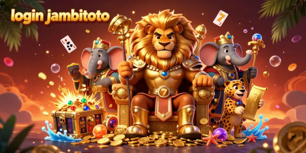 Engage with the vibrant scene depicting login jambitoto, featuring a lion king and dynamic casino elements.
