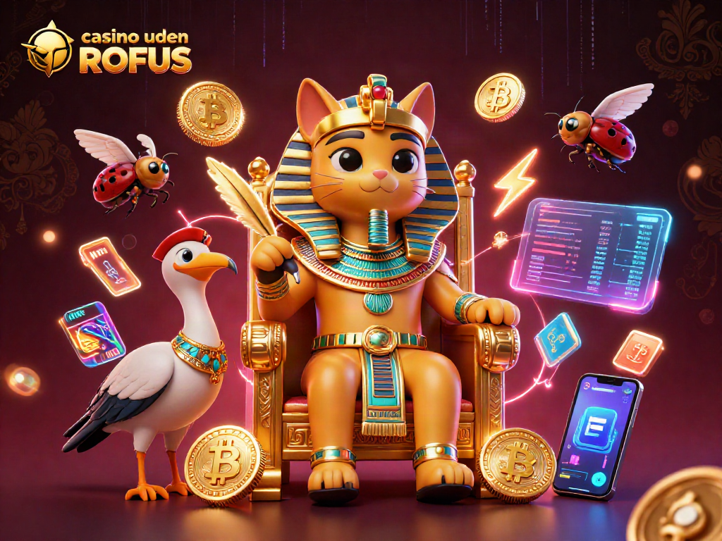 Engage at casino uden ROFUS with a vibrant 3D illustration featuring a pharaoh cat and crypto elements.