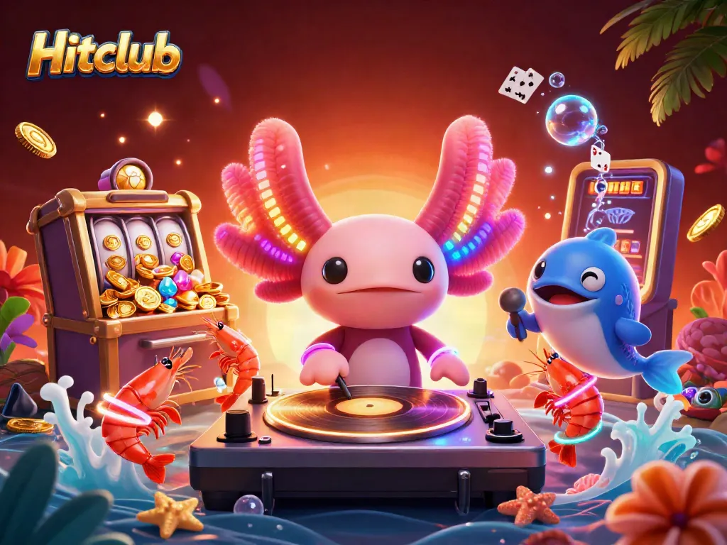 Engage with Hitclub's vibrant gaming scene through neon-colored characters and thrilling casino elements.