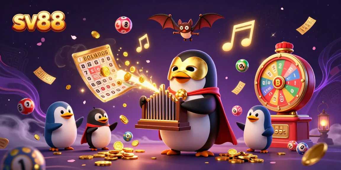 Experience the thrill of sv88 with a cartoon penguin playing an organ that shoots golden coins, adorned with vibrant lottery elements.