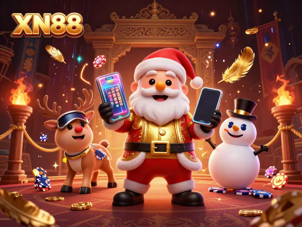 Experience the excitement of XN88 with Santa, his reindeer dealer, and a poker chip snowman amidst rich casino visuals.