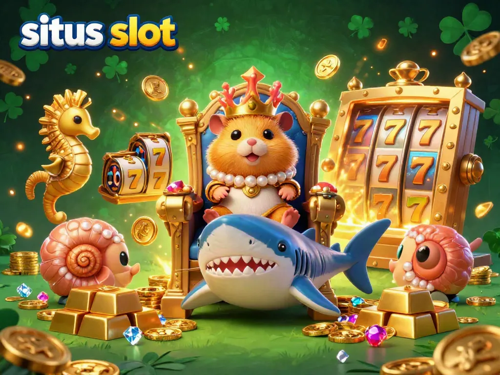 Experience thrilling gameplay at situs slot with a golden hamster king surrounded by riches in this vibrant illustration.