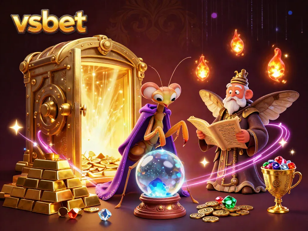 Experience the magic of vsbet with a dynamic 3D illustration of fortune tellers amidst stunning casino elements.