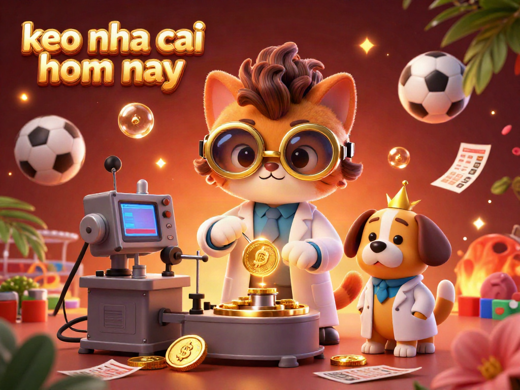 Engage with "keo nha cai hom nay" in a vibrant sports betting scene featuring a mad scientist cat and his dog assistant, amid dynamic casino visuals.