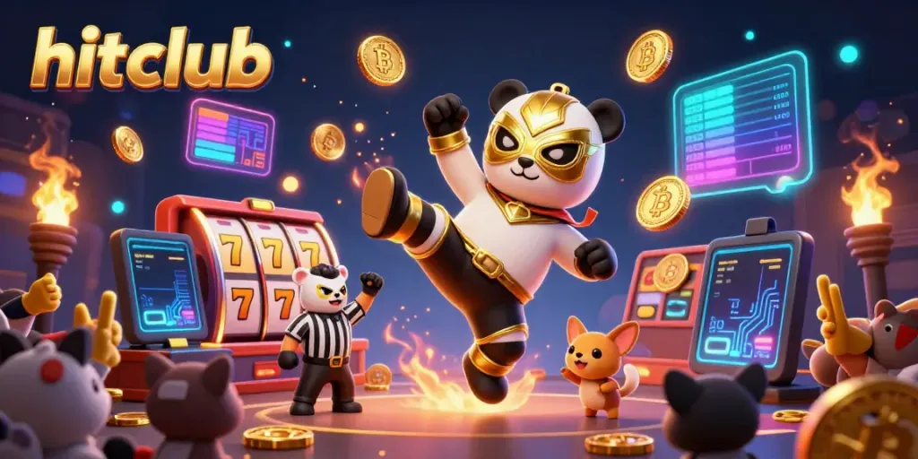 Hitclub features an exciting scene with a panda wrestler performing a kick, surrounded by slots and crypto coins.