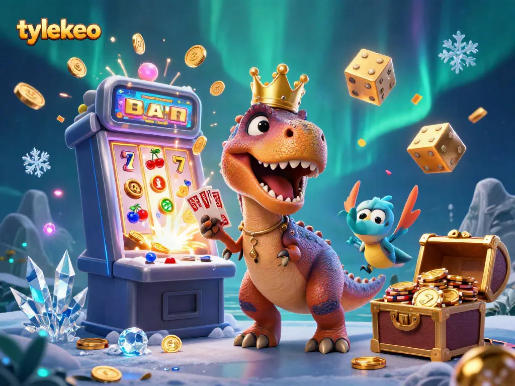 Engage in playful slots with tylekeo's dynamic illustration featuring a cartoon T-Rex dealer and colorful casino elements.