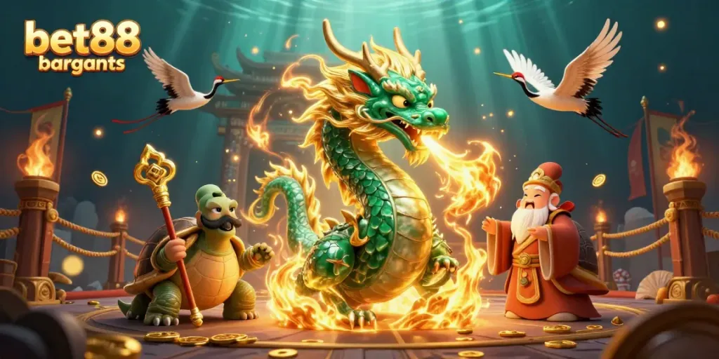 Experience the excitement of bet88 bargains with a lively scene featuring a jade dragon and turtle sage.