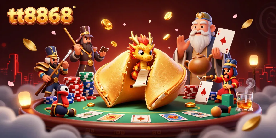 Engage with tt8868, revealing a magical scene of a golden fortune cookie guarded by chopstick warriors on a poker table.